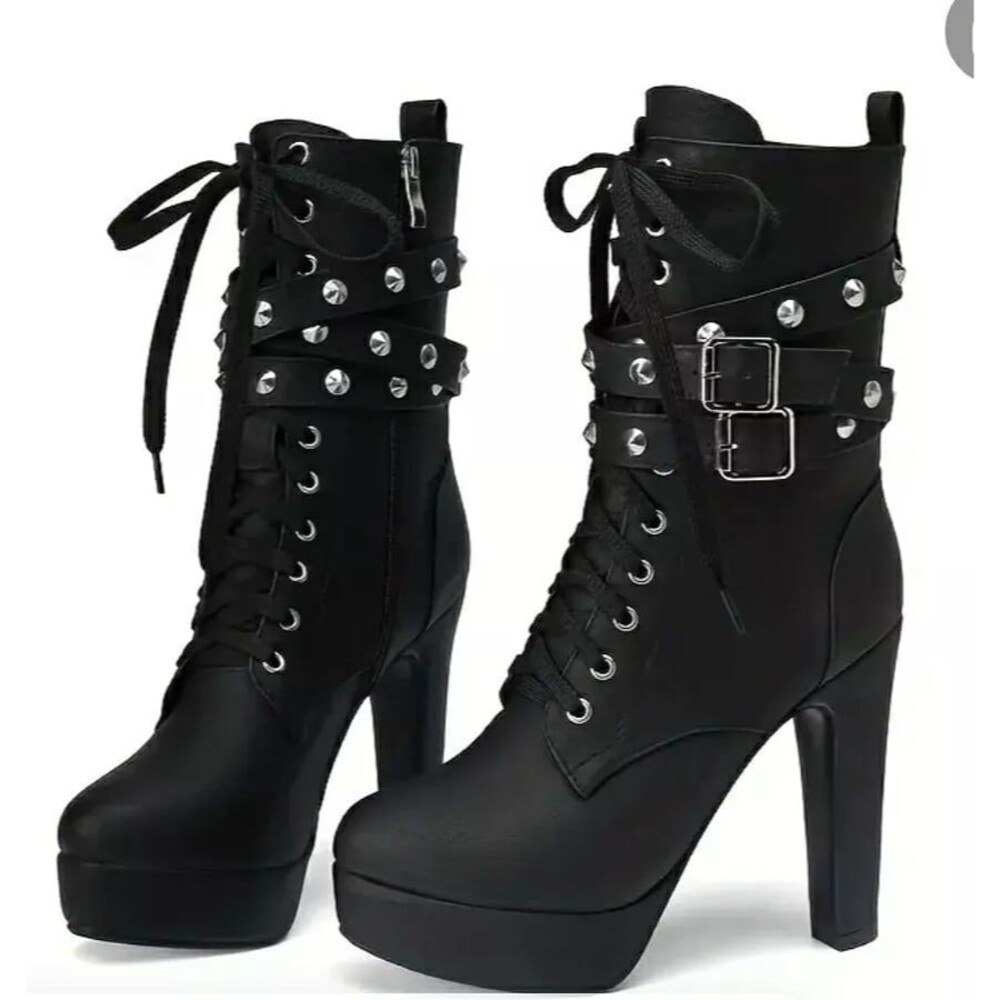 Women's Trendy Block Heeled Boots, Fashion Lace Up Side Zipper Boots SZ 5.5